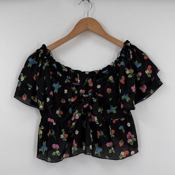 Zara Off Shoulder Fruit & Floral Print Ruffle Chiffon Top | Black/Multi | Medium - Picture 4 of 6